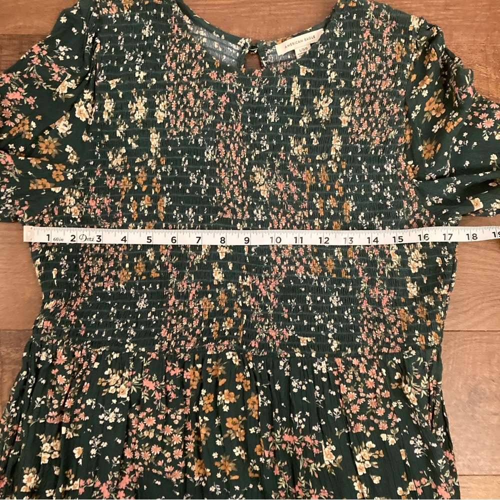 American Eagle Green Floral Smocked Bodice Long Sleeve Maxi Dress Women’s L - Picture 9 of 12